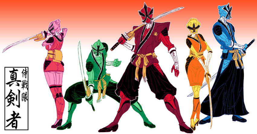 2girls 3boys ass boots fighting_stance gradient_background hakama hakama_pants hanaori_kotoha helmet ikenami_ryunosuke ikenami_ryuunosuke japanese_clothes jin_taira kataginu katana multiple_boys multiple_girls ninja pants pink_boots samurai samurai_sentai_shinkenger shiba_takeru shinken_blue shinken_green shinken_pink shinken_red shinken_yellow shiraishi_mako super_sentai sword tani_chiaki thighhighs tokusatsu waku_jinpei weapon
