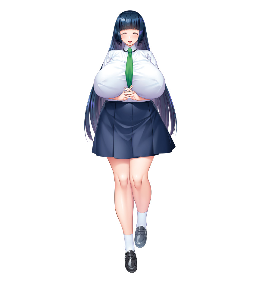 1girl absurdres aoi_nagisa_(metalder) bare_legs black_footwear blue_hair breasts closed_eyes female_focus full_body gigantic_breasts highres hime_cut huge_breasts lilith-soft long_hair mikami_chizu necktie official_art school_uniform shiny_skin skirt solo taimanin_(series) taimanin_rpgx very_long_hair