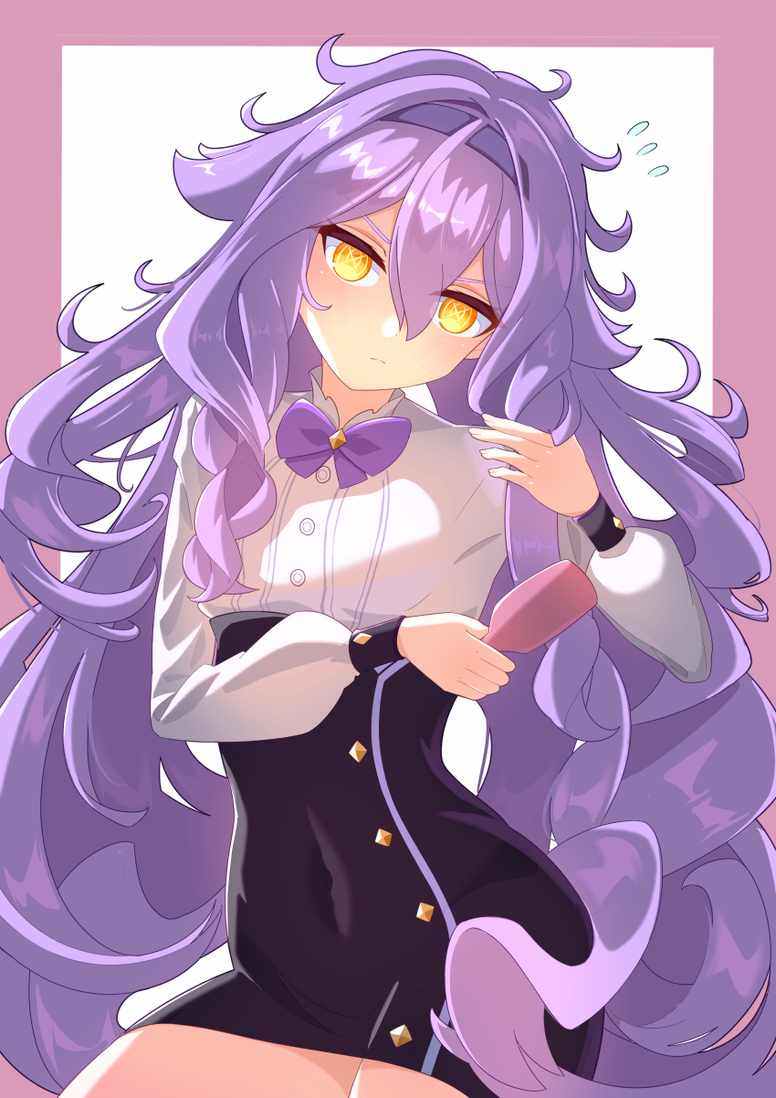 1girl absurdres black_skirt bow breasts closed_mouth covered_navel eight_(eight3rd1) flying_sweatdrops hair_between_eyes hair_brush hairband head_tilt high-waist_skirt highres holding honkai_(series) honkai_impact_3rd long_hair long_sleeves looking_at_viewer orange_eyes pink_background puffy_long_sleeves puffy_sleeves purple_bow purple_hair purple_hairband shirt sirin sirin_(magic_academy_uniform) sirin_(miracle_magical_girl) skirt small_breasts solo two-tone_background very_long_hair white_background white_shirt
