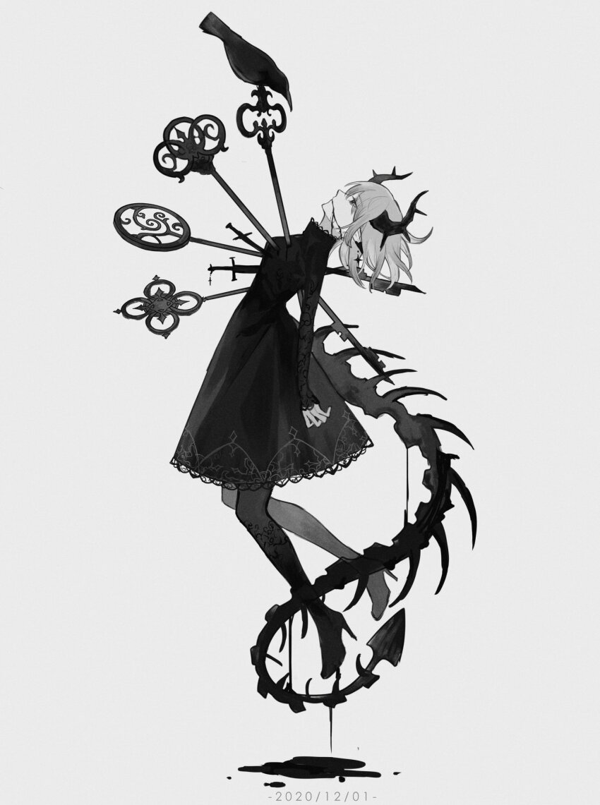 1girl animal bird bleeding blood blood_from_mouth bone_tail carriann000 chinese_commentary crow curled_horns dress earclip earrings floating from_side full_body high_heels highres horns impaled injury jewelry key lace lace-trimmed_dress lace-trimmed_sleeves lace_trim long_sleeves looking_at_animal looking_up monochrome original oversized_object pantyhose pointy_ears profile short_hair simple_background spikes sword weapon