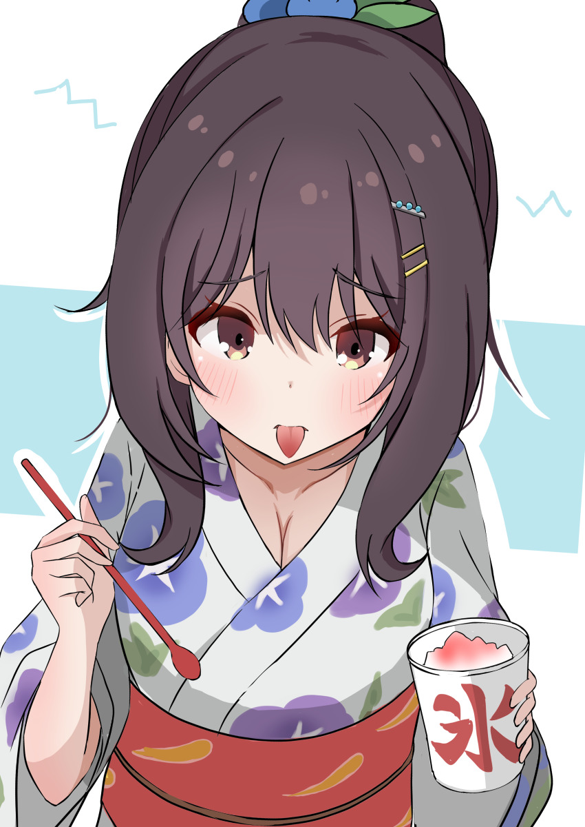 1girl absurdres alternate_hairstyle black_hair blush brain_freeze breasts brown_eyes cleavage colored_tongue commentary_request floral_print floral_print_kimono food harumiya_(meron89893) hibi_wa_sugiredo_meshi_umashi highres holding holding_spoon japanese_clothes kawai_mako kimono large_breasts ponytail print_kimono shaved_ice solo spoon tongue tongue_out yukata