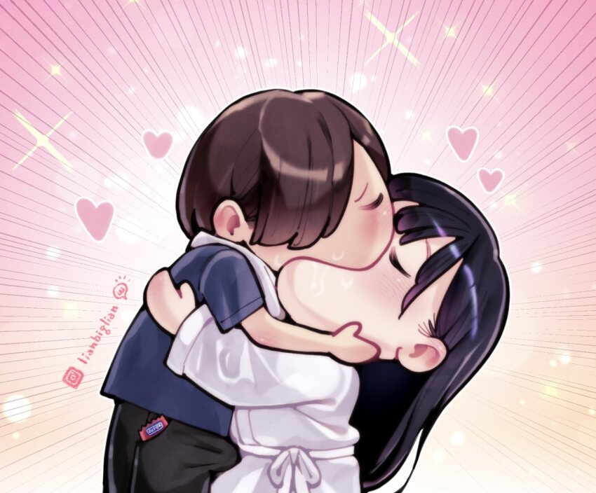 bathrobe black_hair black_pants blue_shirt boku_no_kokoro_no_yabai_yatsu brown_hair bulge closed_eyes condom condom_wrapper_in_clothes drooling durex erection erection_under_clothes hair_over_one_eye highres hug ichikawa_kyoutarou instagram_logo instagram_username kiss lianbiglian long_hair meme motion_lines pants pink_background saliva shirt short_hair towel towel_around_neck white_bathrobe yamada_anna yoshi_and_toad_kissing_(meme)