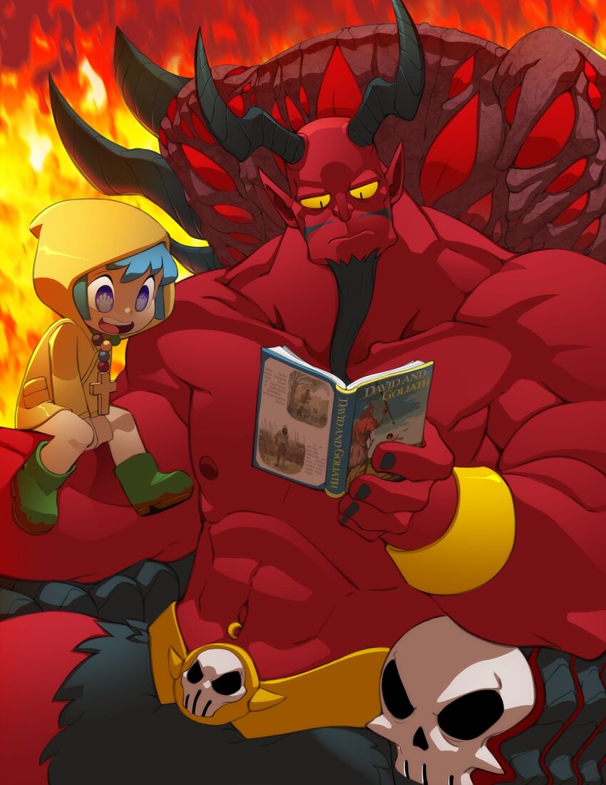 1boy 1girl bleedman blue_eyes boots colored_skin commentary cross cross_necklace demon_boy demon_horns dirty_footwear english_commentary facial_hair goatee green_boots highres horns jewelry jubilee_2025 luce_(jubilee_2025) muscular muscular_male navel_piercing necklace piercing pointy_ears raincoat reading red_skin rubber_boots satan_(mythology) the_bible yellow_raincoat