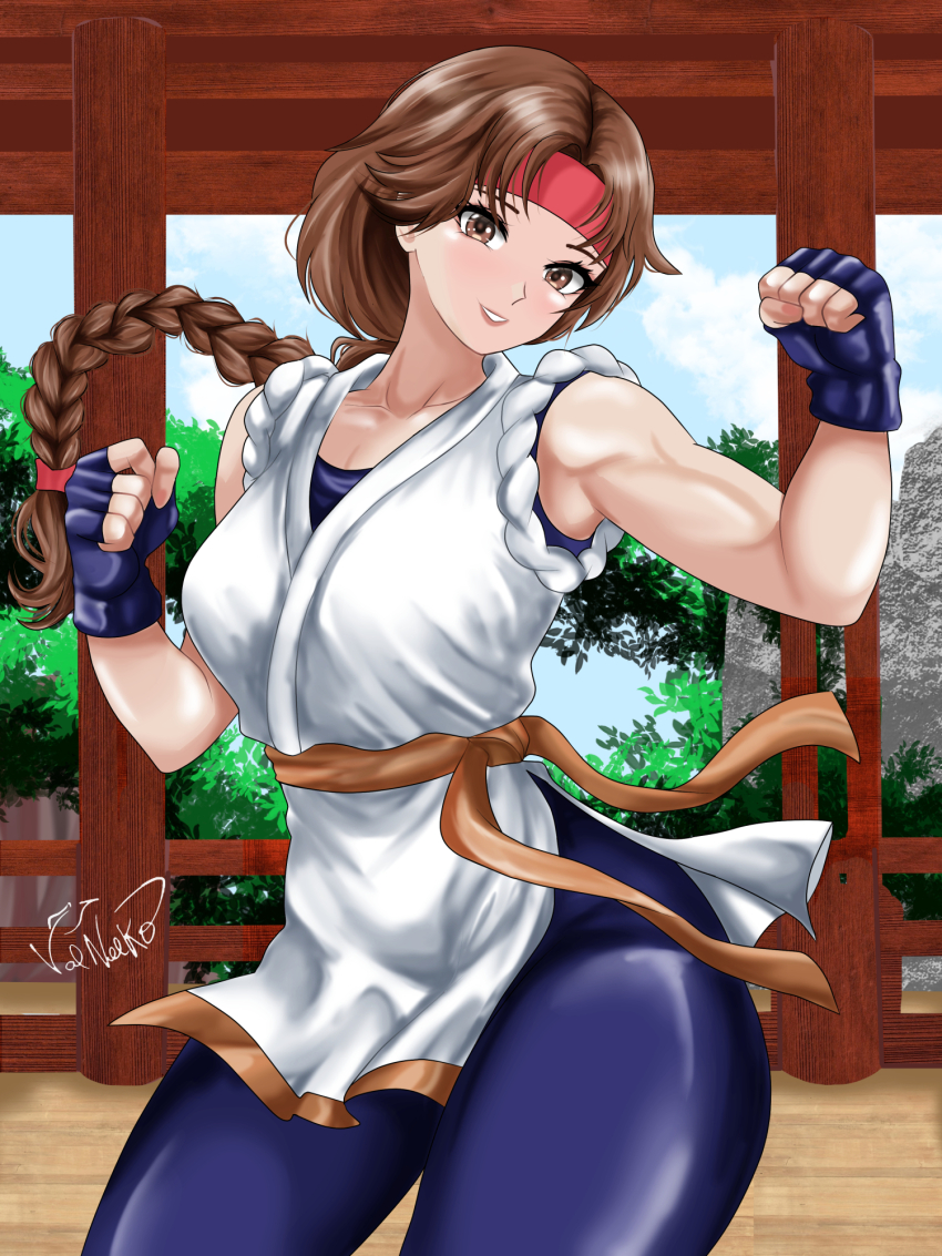 1girl bent_over braid braided_ponytail breasts brown_eyes brown_hair dojo dougi female_focus gloves headband highres karate karate_gi leather leggings long_hair looking_at_viewer medium_breasts nature pale_skin pants ponytail shiny_clothes skirt smile smiley_face standing the_king_of_fighters thighs valneeko wide_hips yoga_pants yuri_sakazaki