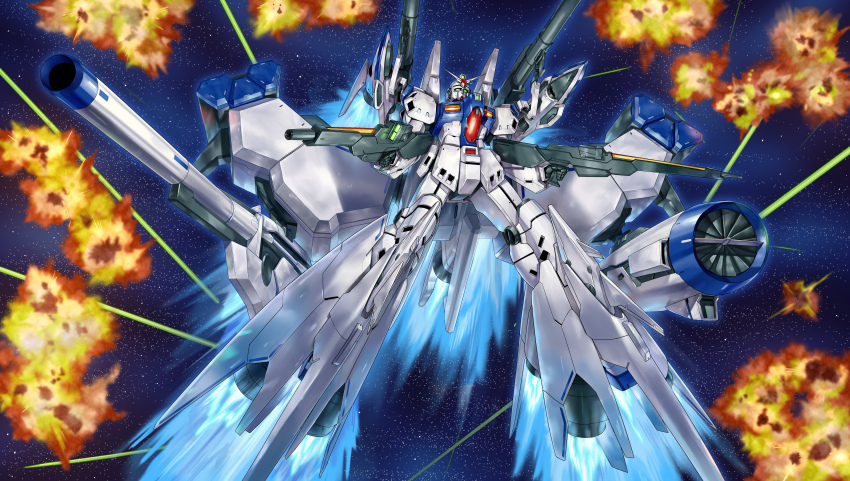 absurdres dendrobium_schema dual_wielding explosion green_eyes gun gundam gundam_0083 gundam_gp-03_stamen head_tilt highres holding holding_gun holding_weapon laser looking_up mecha mytea_(soso) robot shoulder_cannon solo star_(sky) v-fin weapon