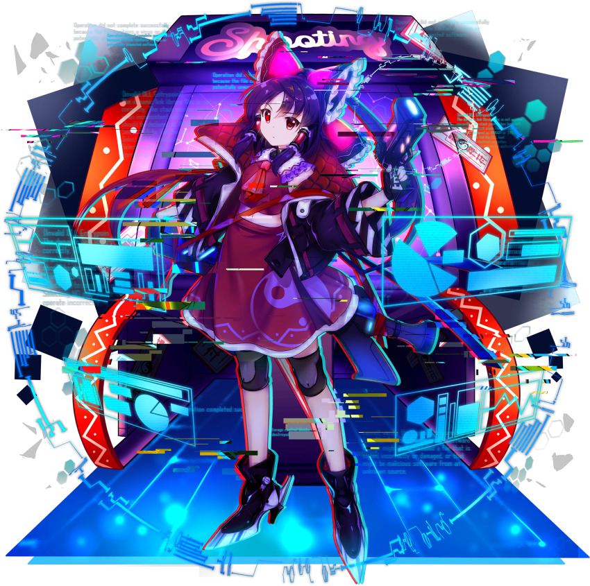 1girl adapted_costume ascot black_gloves black_jacket black_shoes black_sleeves bow brown_eyes brown_hair closed_mouth fingerless_gloves full_body game_cg gloves gun hair_bow hair_tubes hakurei_reimu hakurei_reimu_(lunar_war_shaman) highres holding holding_gun holding_weapon hologram jacket looking_at_viewer medium_hair navel official_art ofuda open_clothes open_jacket red_bow red_shirt red_skirt rotte_(1109) science_fiction shirt shoes sidelocks skirt solo third-party_source touhou touhou_lostword transparent_background weapon yin_yang yin_yang_print