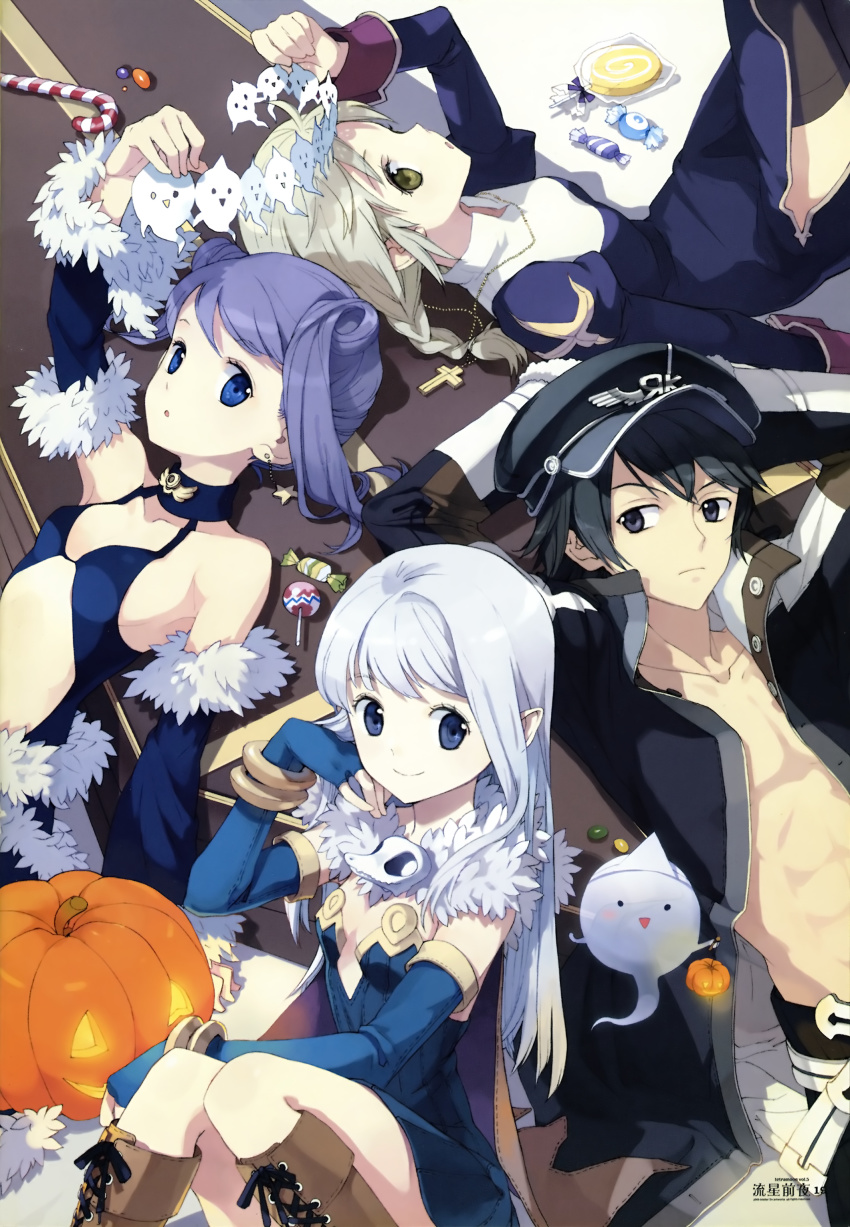 1boy 3girls absurdres alchemist_(ragnarok_online) bare_shoulders boots candy cape choker cross cross_necklace detached_sleeves earrings food fur-trimmed_sleeves fur-trimmed_waist_cape fur_trim gunslinger_(ragnarok_online) highres jewelry lace-up_boots multiple_girls necklace priest priest_(ragnarok_online) ragnarok_online rosary stalker stalker_(ragnarok_online) thighhighs tiv waist_cape