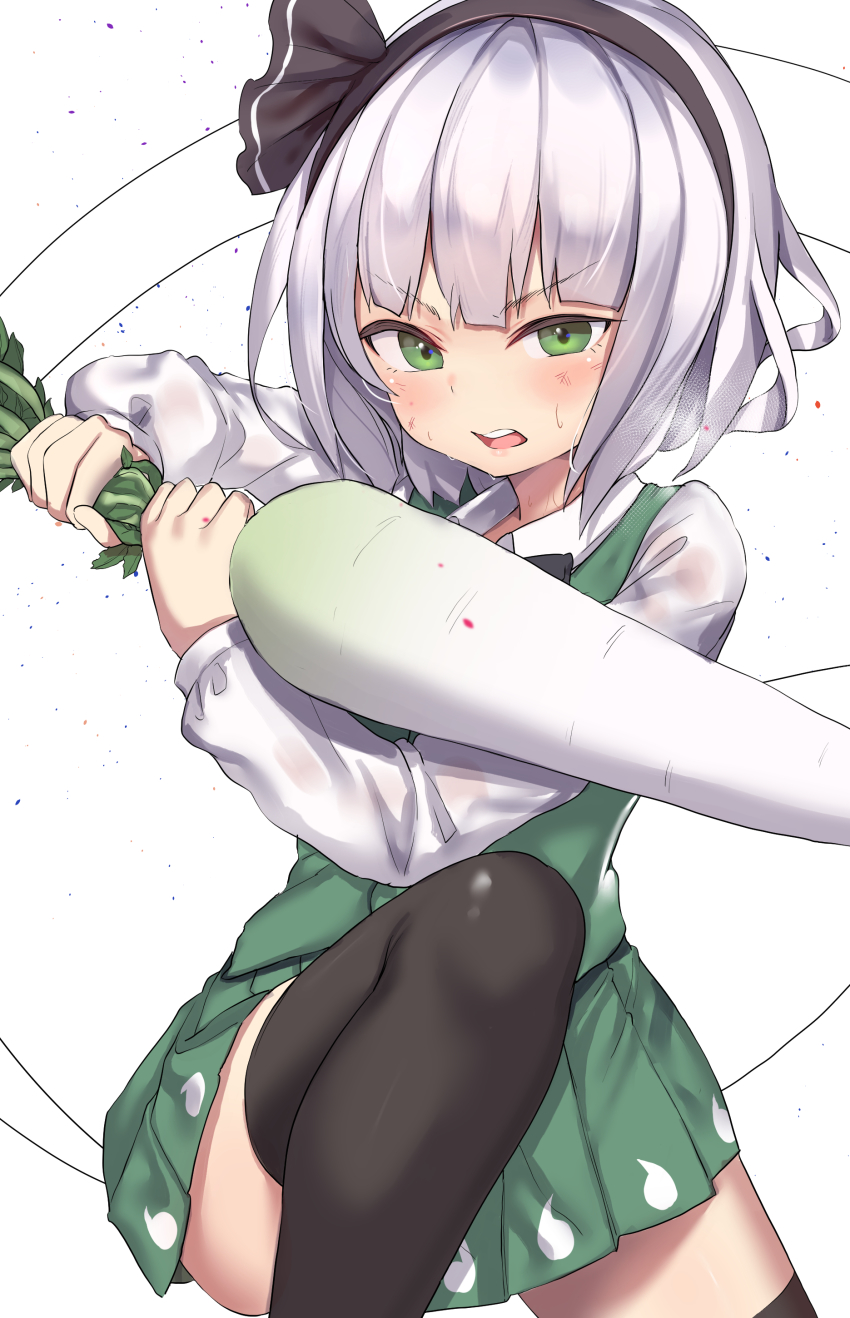 1girl absurdres black_hairband black_ribbon black_thighhighs blunt_bangs daikon food green_eyes green_skirt green_vest hair_ribbon hairband highres holding holding_food isemori konpaku_youmu long_sleeves looking_at_viewer medium_hair miniskirt radish ribbon shirt skirt skirt_set solo sweat thighhighs touhou vest white_hair white_shirt