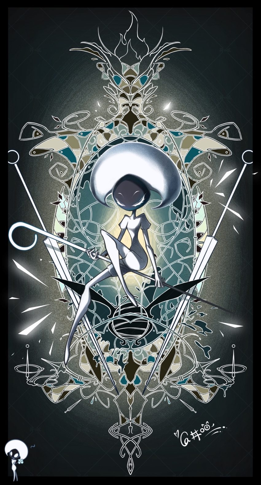 1girl absurdres arthropod_girl black_background black_border blue_flower bocaijingmiao bodysuit border breasts chinese_commentary closed_eyes commentary_request fewer_digits film_grain flower full_body hat highres holding holding_flower holding_weapon hollow_knight juliet_sleeves knee_up lace_(hollow_knight) long_sleeves needle_(hollow_knight) no_mouth outline pin_(hollow_knight) puffy_sleeves simple_background small_breasts solo triangle u_u weapon white_bodysuit white_hat white_outline