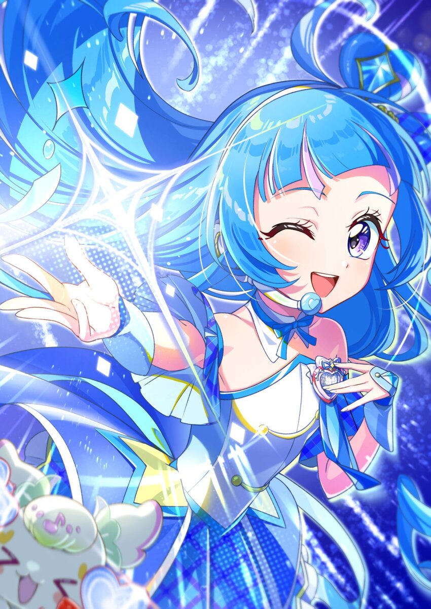 1girl aokaze_nana bare_shoulders blue_dress blue_gemstone blue_hair blue_ribbon blue_wrist_cuffs choker collar collarbone commentary_request cure_wink detached_collar dress flat_chest floating_hair gem gem_hair_ornament hair_ribbon hairband hand_on_own_chest headset heart heart-shaped_hair highres idol_heart_brooch kimi_to_idol_precure long_hair magical_girl multicolored_hair one_eye_closed open_mouth plaid_ribbon precure purirun_(precure) purple_background purple_eyes purple_hair ribbon ribbon_choker rice_rabbit22 smile solo strapless strapless_dress streaked_hair teeth two-tone_hair upper_teeth_only very_long_hair white_collar white_hairband wrist_cuffs