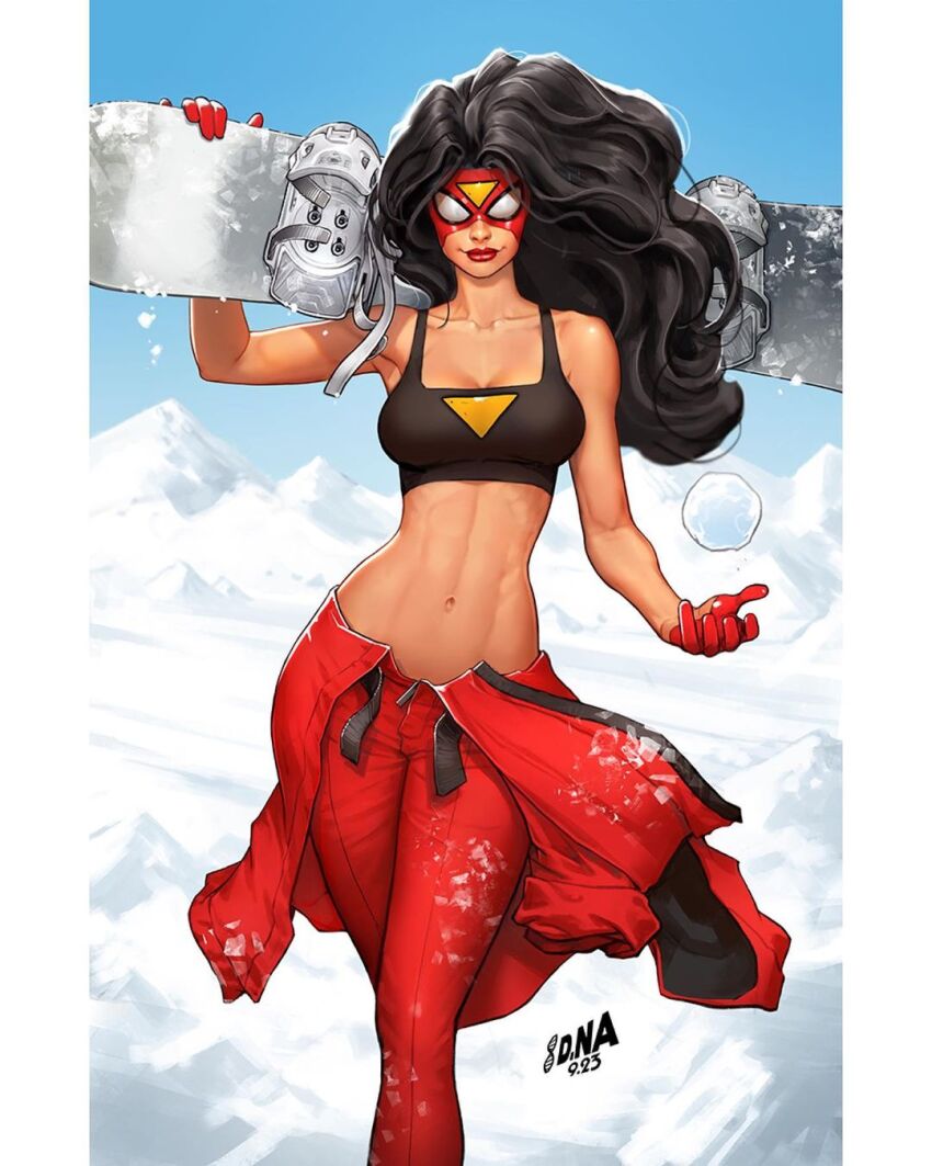 1girl alternate_costume black_hair black_sports_bra blue_sky breasts cleavage david_nakayama gloves highres holding_snowboard jessica_drew long_hair looking_at_viewer marvel mask medium_breasts navel pants pillarboxed red_gloves red_lips red_pants sky snow snowball solo spider-man_(series) spider-woman sports_bra