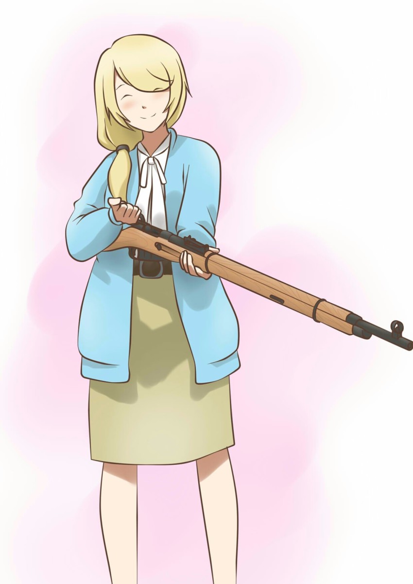 1girl ^_^ blonde_hair blush bolt_action closed_eyes ellen_baker false_smile female_focus gun highres jacket long_hair low_ponytail mardjan mosin-nagant new_horizon non-web_source open_clothes open_jacket ponytail rifle scrunchie skirt smile solo weapon