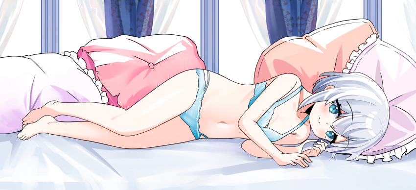 1girl absurdres armpits ars_almal bare_shoulders barefoot bed bed_sheet belly blue_eyes blue_panties blush bra breasts commission curtains ears feet green_eyes green_panties highres indoors lying navel nijisanji on_side panties pillow small_breasts smile solo thighs underwear underwear_only vieru2n virtual_youtuber white_hair window