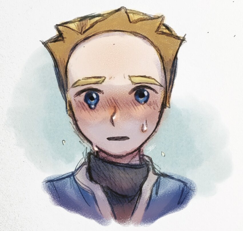 1boy black_shirt blonde_hair blue_eyes blue_jacket blush cropped_torso highres jacket looking_at_viewer male_focus mii_(nintendo) mii_swordfighter_(smash_ultimate) nintendo nyo02921978 open_mouth portrait shirt short_hair simple_background sketch solo super_smash_bros. tearing_up tears traditional_media turtleneck upper_body white_background