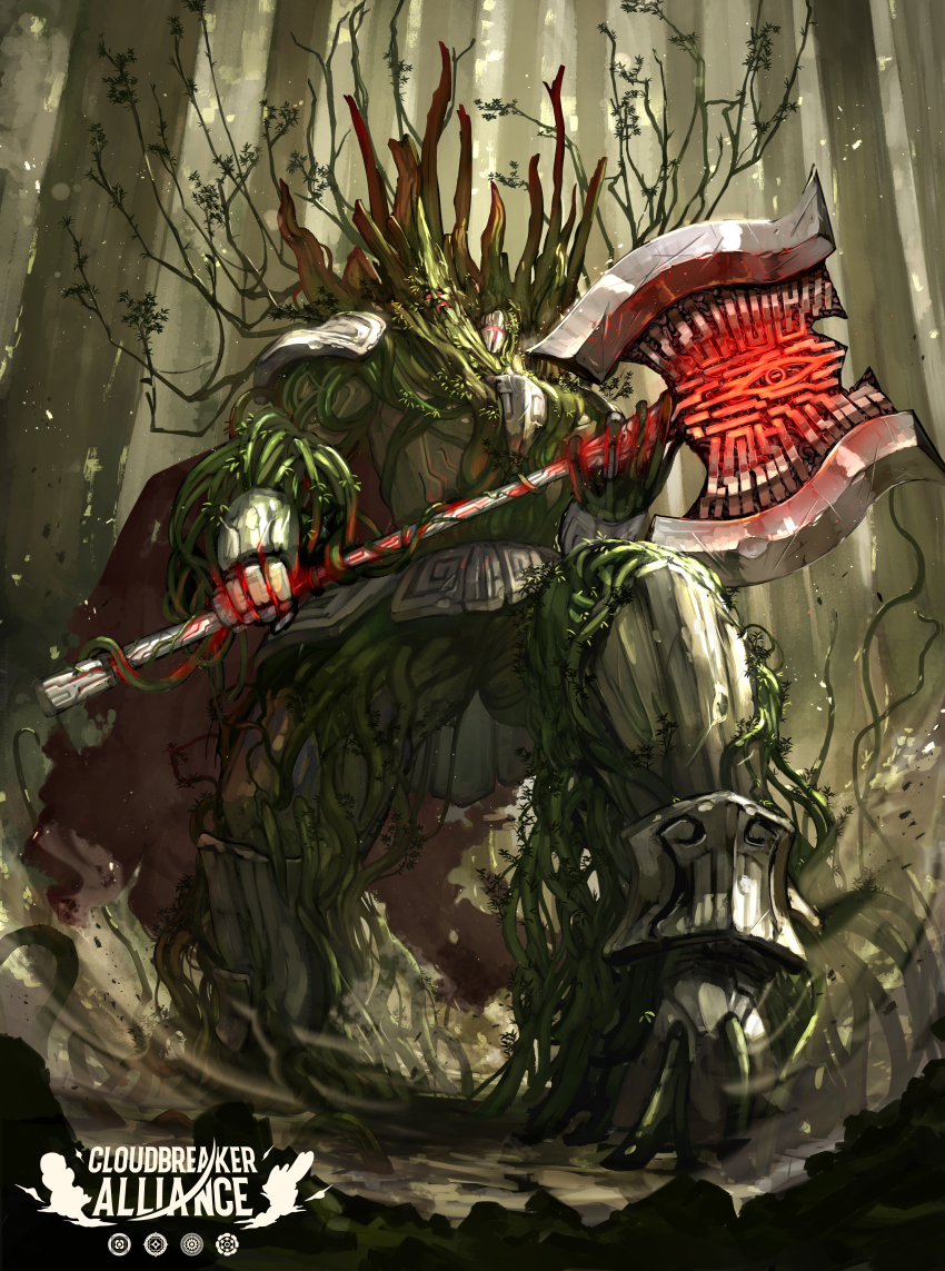 absurdres armor axe cloudbreaker_alliance copyright_name fantasy forest from_below highres holding holding_axe holding_weapon leg_armor monster nature official_art outdoors solo tagme weapon yumo80295386