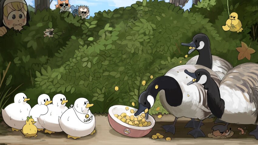 2girls bird blonde_hair bush canada_goose cat chicken clumsy_nun_(diva) commentary corn diva_(hyxpk) duck duckling earthworm eating english_commentary frog_headband froggy_nun_(diva) goose habit hedgehog highres little_nuns_(diva) mole_(animal) mouse_(animal) multiple_girls nun slice_of_life traditional_nun