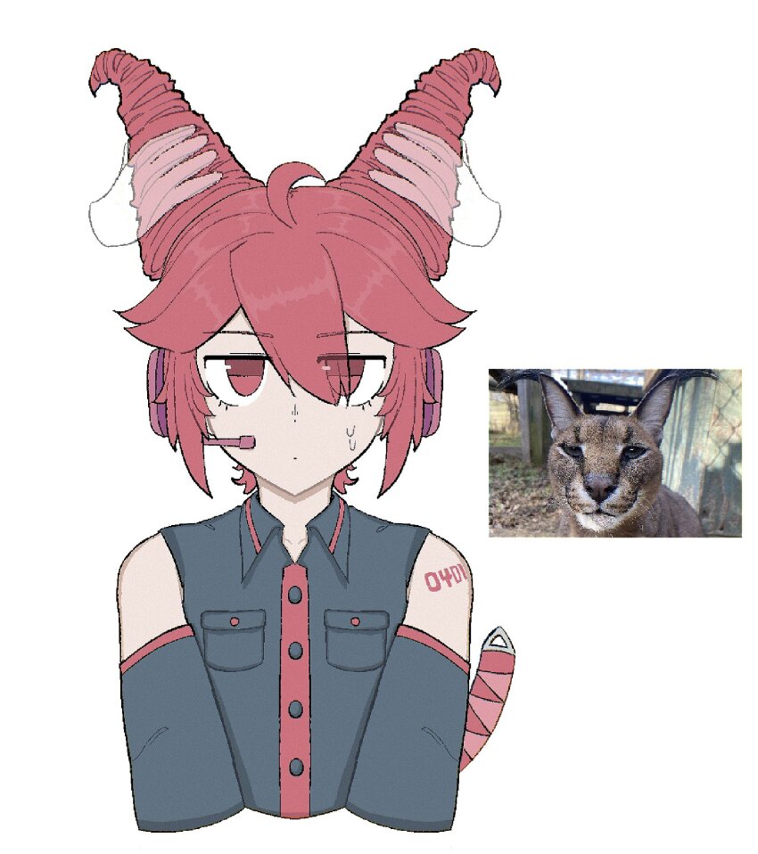 1girl ahoge animal_ears black_shirt black_sleeves breast_pocket cat_ears collared_shirt commentary creature_and_personification cropped_arms cropped_torso detached_sleeves disembodied_hand dot_nose drill_hair fake_animal_ears hair_between_eyes hair_ears hair_over_one_eye hair_up headset highres jitome kasane_teto kasane_teto_(utau) lod_(lodddd) looking_at_viewer lynx microphone number_tattoo personification photo-referenced photo_inset pocket red_eyes red_hair red_headphones red_trim reference_inset shirt shoulder_tattoo simple_background sleeveless sleeveless_shirt solo solo_focus straight-on sweatdrop tattoo twin_drills utau white_background