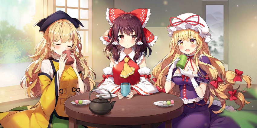 3girls ascot ayamy black_hat blonde_hair blush bow breasts brown_hair chabudai_(table) cleavage closed_eyes collared_shirt commentary constellation constellation_print cup dango detached_sleeves dress drinking english_commentary food frilled_bow frilled_dress frilled_hair_tubes frilled_shirt_collar frills game_cg gloves green_skirt hair_bow hair_tubes hakurei_reimu hakurei_shrine hat hat_ribbon highres holding holding_cup large_breasts long_hair matara_okina medium_hair mob_cap multiple_girls neck_ribbon official_art open_mouth orange_sleeves orange_tabard plate puffy_short_sleeves puffy_sleeves purple_dress red_bow red_eyes red_ribbon red_shirt ribbon ribbon-trimmed_sleeves ribbon_trim shirt short_sleeves sitting skirt sleeve_bow sleeveless sleeveless_shirt smile tabard table tea teapot third-party_source touhou touhou_lostword very_long_hair wagashi white_gloves white_hat white_shirt white_sleeves yakumo_yukari yellow_ascot yellow_eyes yunomi