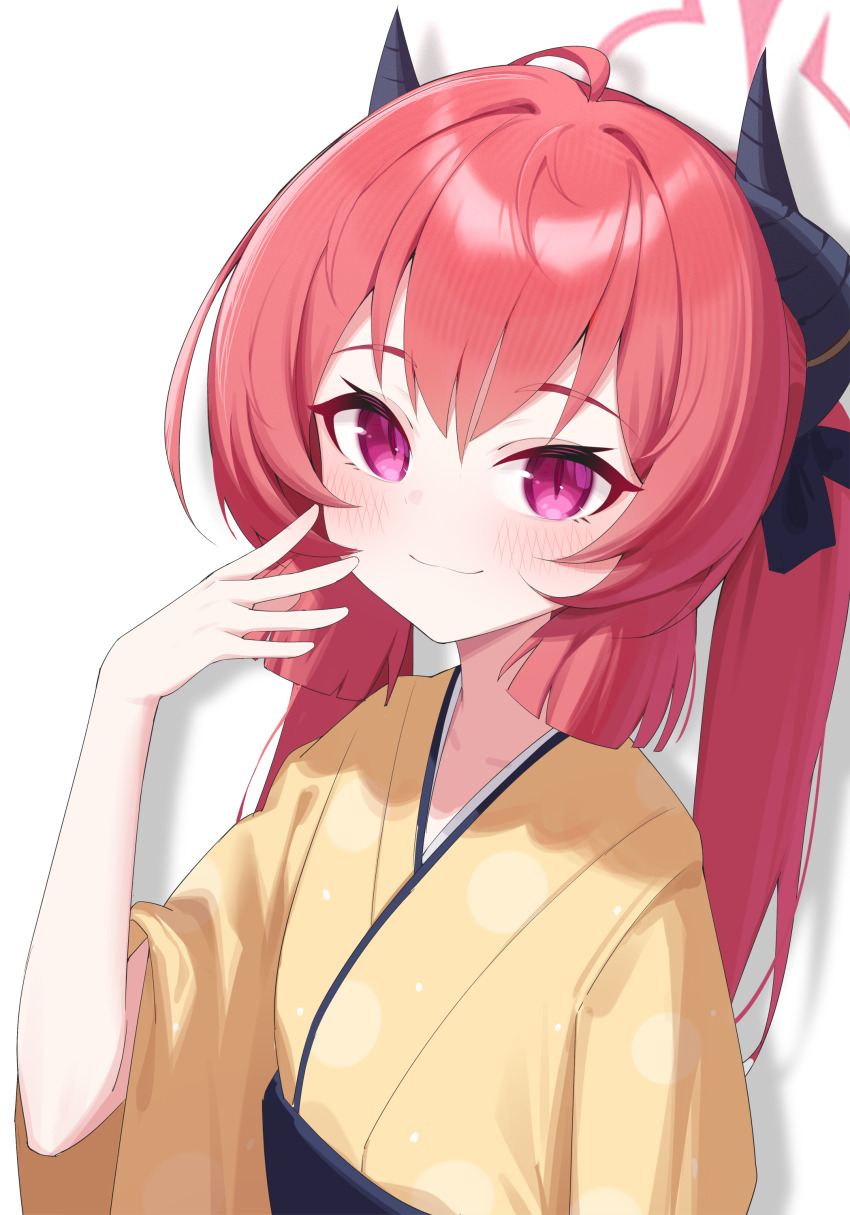 1girl absurdres black_horns blue_archive blush closed_mouth commentary demon_girl demon_horns halo hand_to_own_mouth highres horns japanese_clothes jei_(user_tckk7448) junko_(blue_archive) junko_(new_year)_(blue_archive) kimono looking_at_viewer red_eyes red_hair red_halo shadow simple_background solo upper_body white_background yellow_kimono