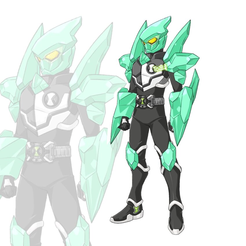 1boy alien armor belt ben_10 ben_10:_alien_force ben_10:_omniverse ben_10:_ultimate_alien ben_tennyson bodysuit breastplate compound_eyes diamondhead full_body helmet highres horns kamen_rider omnitrix rider_belt shoulder_armor solo spikes standing to_ze tokusatsu yellow_eyes