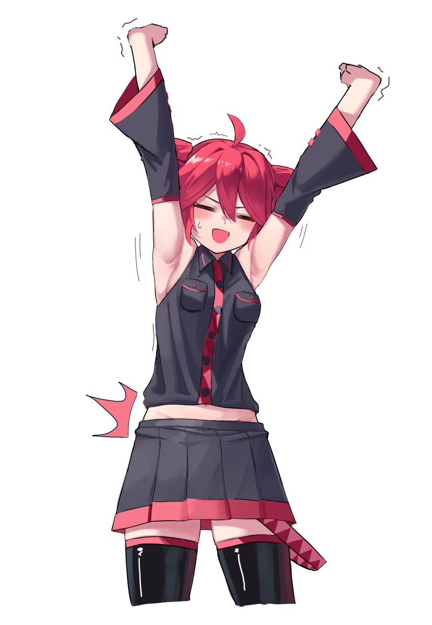 1girl ^^^ absurdres ahoge armpits arms_up black_shirt black_skirt black_sleeves black_thighhighs blush breasts commentary_request cramp cropped_legs detached_sleeves drill_hair facing_viewer highres hu2924 kasane_teto kasane_teto_(utau) long_sleeves medium_breasts midriff miniskirt pleated_skirt red_hair shirt short_hair sideboob simple_background skirt sleeveless sleeveless_shirt smile solo stretching thighhighs trembling twin_drills utau v-shaped_eyebrows white_background