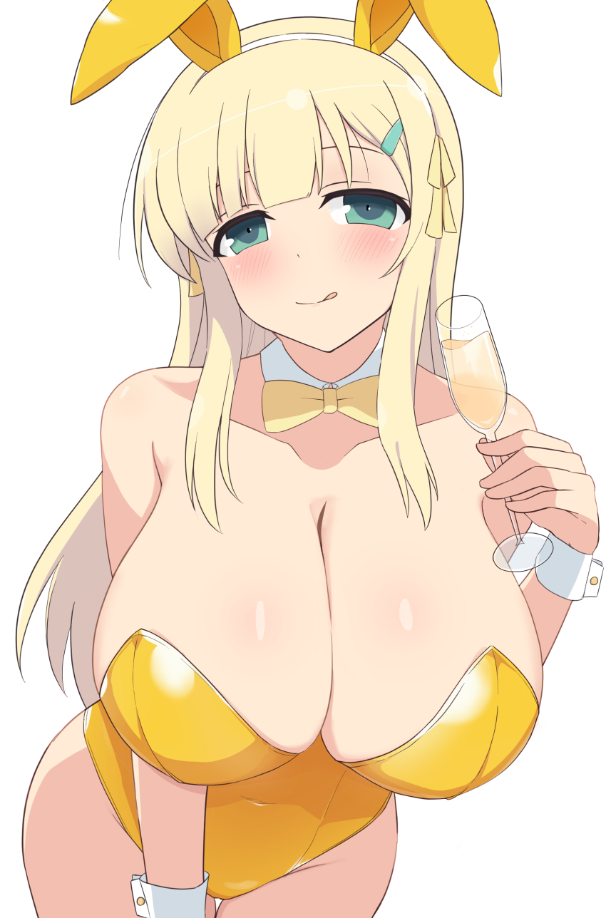 1girl absurdres bare_shoulders blonde_hair blush breasts champagne_flute covered_navel cup detached_collar drinking_glass grey_eyes hair_ornament hairclip hanging_breasts highres holding large_breasts leotard long_hair looking_at_viewer manjou_(q_tiwj) playboy_bunny senran_kagura simple_background solo tongue tongue_out white_background wrist_cuffs yellow_leotard yomi_(senran_kagura)
