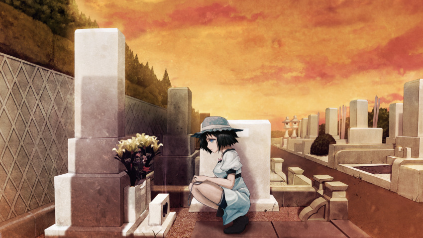 1girl aqua_eyes black_bow black_hair black_trim blue_dress blue_eyes bob_cut boots bouquet bow breasts brown_boots chest_bow clock clock_pendant cloud cloudy_sky collar collarbone dress flower frilled_collar frills from_side game_cg graveyard hands_on_own_knees hat highres holding_clock huke leather leather_boots looking_down medium_breasts medium_hair official_art orange_sky outdoors pink_frills puffy_short_sleeves puffy_sleeves ringed_eyes shiina_mayuri short_sleeves shorts shorts_under_dress shorts_under_skirt sky solo square_pupils squatting steins;gate sunset tareme tombstone tree