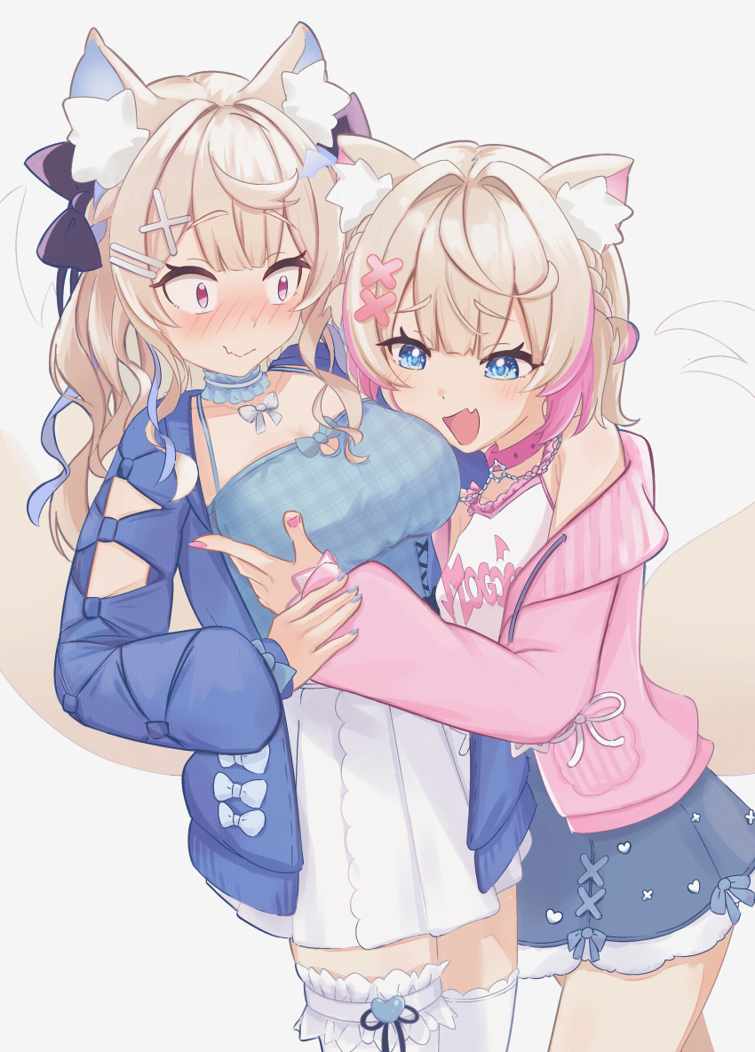 2girls absurdres animal_ears black_bow blonde_hair blue_camisole blue_eyes blue_hair blue_jacket blue_nails blue_skirt blush bow braid breasts camisole center-flap_bangs choker clothes_writing clothing_cutout commentary constricted_pupils cross-laced_clothes cross-laced_cutout dog_ears dog_girl dog_tail double-parted_bangs embarrassed fang fang_out frilled_choker frills fuwawa_abyssgard fuwawa_abyssgard_(casual) grabbing_another&#039;s_breast greeeenmodoki2 groping hair_bow hair_intakes hair_ornament hairclip half_up_braid highres hololive hololive_english hood hooded_jacket incest jacket large_breasts long_hair looking_at_another looking_at_breasts miniskirt mococo_abyssgard mococo_abyssgard_(casual) multicolored_hair multiple_girls nail_polish official_alternate_costume official_alternate_hairstyle open_mouth pink_eyes pink_hair pink_jacket pink_nails pleated_skirt short_hair siblings side_braid sisters skin_fang skirt streaked_hair tail thighhighs twins two_side_up virtual_youtuber wavy_hair wavy_mouth white_camisole white_skirt white_thighhighs x_hair_ornament