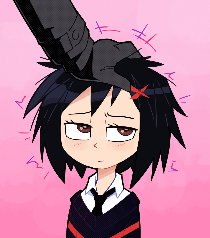 1boy 1girl absurdres black_hair black_necktie black_sweater brown_eyes collared_shirt hair_ornament hand_on_another&#039;s_head highres looking_to_the_side marvel miscon necktie peni_parker pink_background shirt short_hair solo_focus spider-man:_across_the_spider-verse spider-man_(series) spider-man_noir spider-verse sweater unamused upper_body white_shirt x_hair_ornament