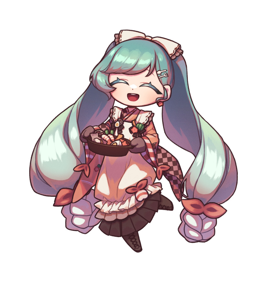 1girl :d ^_^ absurdly_long_hair apron aqua_hair asymmetrical_bangs asymmetrical_sleeves black_boots black_mittens boots bow brooch carrot_slice closed_eyes colored_eyelashes colored_lineart commentary cooking_pot deformed dress earrings facing_viewer flower_earrings food fork_hair_ornament frilled_apron frills full_body furisode green_pepper hair_behind_ear hair_bow happy hardboiled_egg hatsune_miku highres holding holding_cooking_pot japanese_clothes jewelry kappougi kimono knee_up knife_hair_ornament lace-up_boots layered_dress long_hair lotus_root mismatched_sleeves mittens nya_tatabi official_alternate_costume open_mouth orange_kimono oven_mitts print_kimono puffy_dress simple_background single_sidelock smile solo standing standing_on_one_leg star-shaped_food star_(symbol) swept_bangs tachi-e teeth twintails two-handed upper_teeth_only very_long_hair vocaloid wavy_hair white_apron white_background white_bow yuki_miku yuki_miku_(2024)
