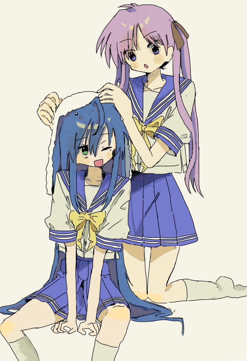 2girls ahoge blue_hair drying hair_tie highres hiiragi_kagami izumi_konata kneehighs lucky_star meimeiner multiple_girls pleated_skirt purple_hair school_uniform serafuku skirt socks towel