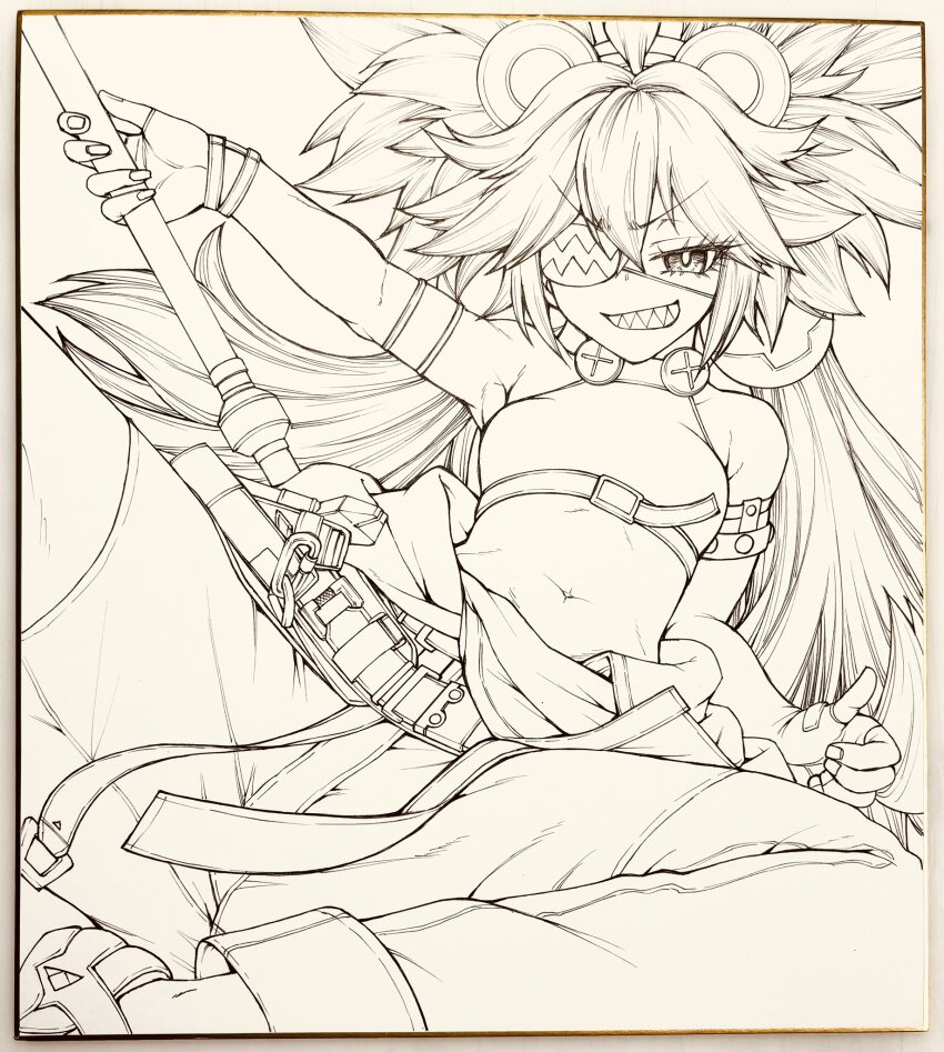 1girl armpits breasts chiba_toshirou eyepatch fingerless_gloves gloves grin hair_between_eyes hammer highres holding holding_hammer koleda_belobog long_hair monochrome navel sharp_teeth sitting small_breasts smile solo teeth very_long_hair zenless_zone_zero