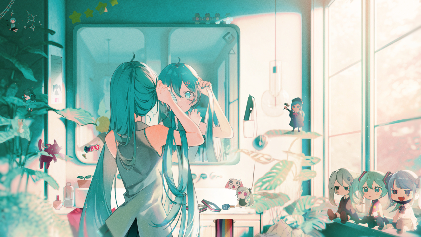 1girl 39 absurdres ahoge aimaina bottle character_doll commentary day doll doushite-chan envy_cat_walk_(vocaloid) green_eyes green_hair green_nails hair_between_eyes hair_ornament hairpin hatsune_miku highres indoors interior irony_(vocaloid) kagamine_rin light_blush light_rays long_hair makeup miku_day mirror nail_polish omutatsu perfume_bottle plant potted_plant ren&#039;ai_saiban_(vocaloid) rolling_girl_(vocaloid) shirt skirt sleeveless sleeveless_shirt smile spring_onion stuffed_toy suna_no_wakusei_(vocaloid) tell_your_world_(vocaloid) tying_hair vampire_(vocaloid) very_long_hair vocaloid window