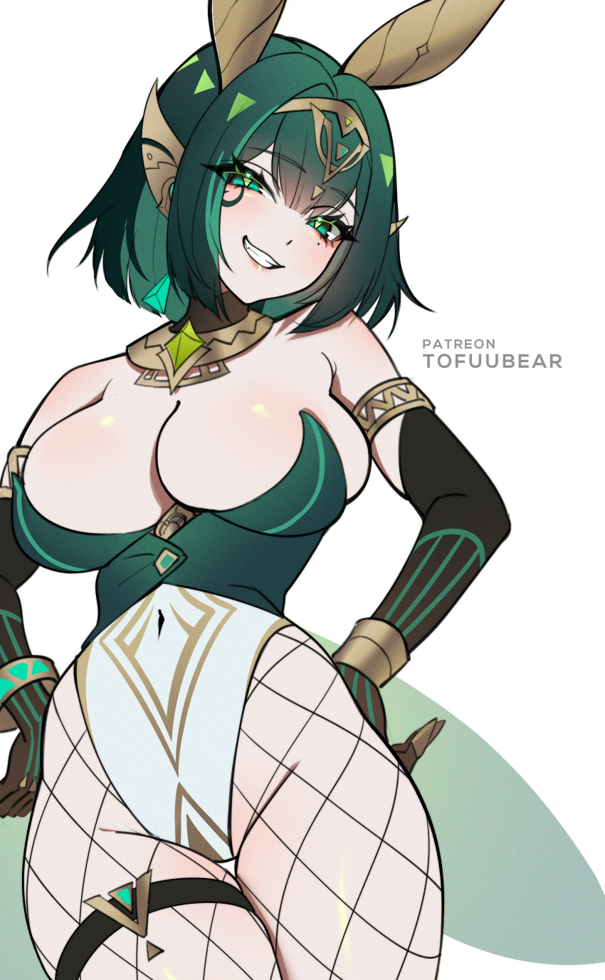 1girl absurdres adapted_costume animal_ears artist_name bare_shoulders black_gloves blush bracelet breasts chest_jewel claw_ring cleavage corset earrings elbow_gloves eye_tattoo fake_animal_ears fishnet_pantyhose fishnets genshin_impact gloves gold_trim green_corset green_eyes green_hair grin headpiece highleg highleg_leotard highres jewelry large_breasts leotard looking_at_viewer medium_hair nefer_(genshin_impact) pantyhose playboy_bunny rabbit_ears smile solo tattoo thigh_strap thighs tofuubear usekh_collar white_leotard