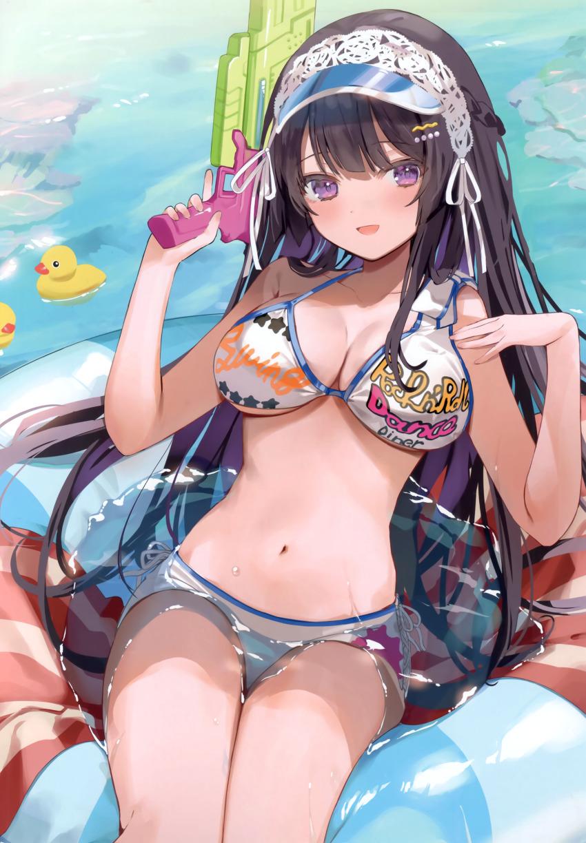1girl :d absurdres bare_arms bikini black_hair breasts cleavage hair_ornament hair_ribbon hairclip highres holding holding_water_gun innertube kanda_done long_hair looking_at_viewer medium_breasts navel non-web_source open_mouth original partially_submerged purple_eyes ribbon rubber_duck sidelocks smile solo swim_ring swimsuit visor_cap water_gun wet white_bikini