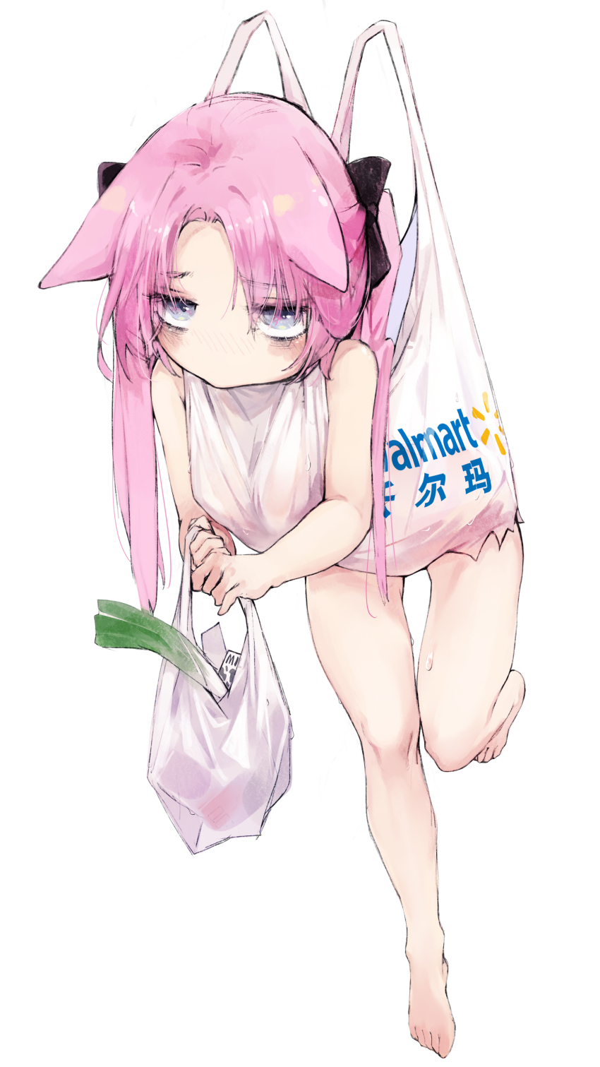 1girl absurdres animal_ears bag barefoot blush commentary floppy_ears grey_eyes hanging highres holding holding_bag jitome leg_up long_hair looking_at_viewer original parted_bangs pink_hair plastic_bag product_placement pugwit solo spring_onion thigh_gap walmart water_drop