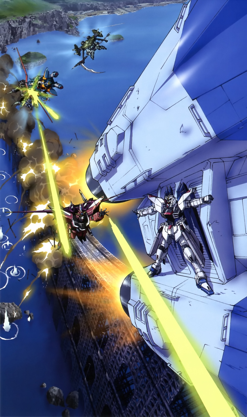 absurdres battle calamity_gundam forbidden_gundam freedom_gundam gundam gundam_seed highres justice_gundam kusanagi_(gundam) mecha official_art raider_gundam robot spacecraft