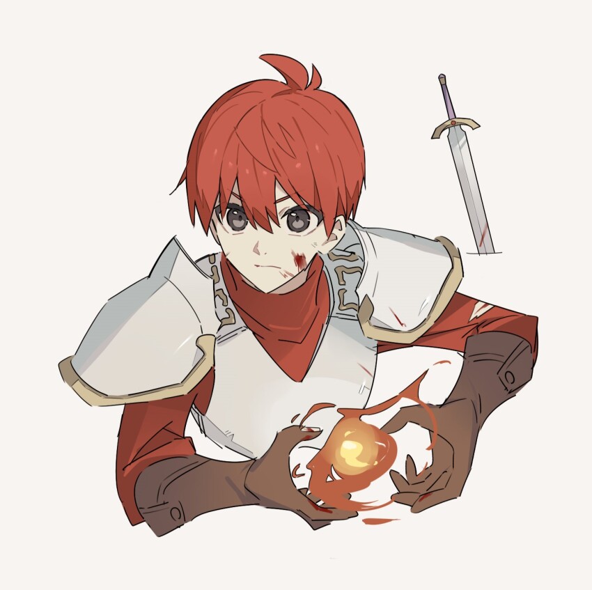 1boy adol_christin ancient_ys_vanished armor blood blood_on_face bloody_weapon breastplate brown_gloves casting_spell closed_mouth george_man gloves grey_eyes highres holding_flame male_focus pauldrons planted planted_sword planted_weapon red_hair short_hair shoulder_armor simple_background solo sword v-shaped_eyebrows weapon white_background ys