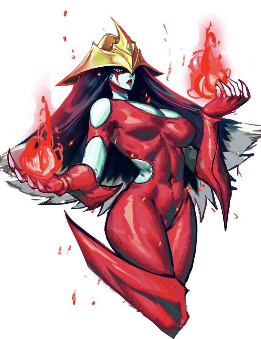1girl 2024 absurdres aqua_eyes arms_up bare_shoulders black_hair blue_skin bodysuit breasts cleavage colored_skin commentary covered_navel cowboy_shot duel_monster elemental_hero_burstinatrix english_commentary facial_mark female_focus fingerless_gloves fire floating gauntlets gem gloves gold green_eyes green_gemstone groin_tendon headpiece highres large_breasts long_hair looking_at_viewer multicolored_hair open_clothes parted_lips pyrokinesis red_lips sheeeep0617 skin_tight solo straight_hair streaked_hair very_long_hair yu-gi-oh! yu-gi-oh!_gx