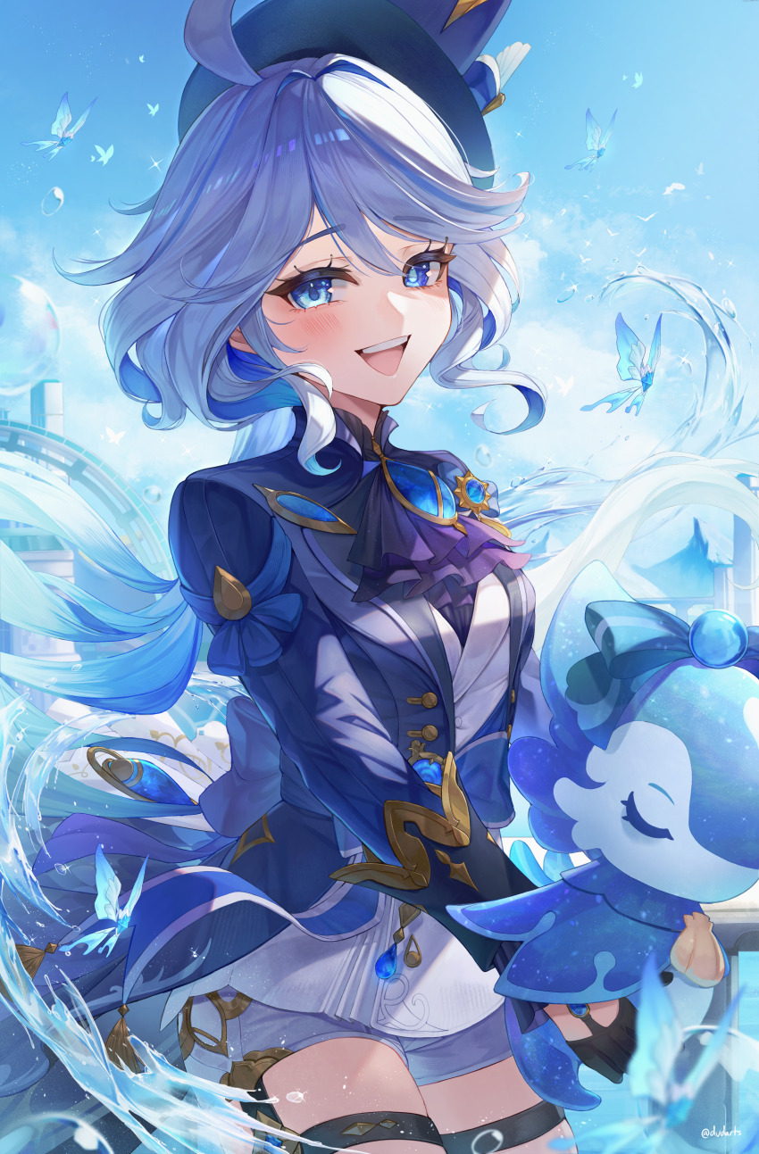 1girl absurdres ahoge ascot black_ascot black_gloves blue_brooch blue_eyes blue_hair blue_hat blue_jacket blush colored_inner_hair commentary crystalfly_(genshin_impact) drop-shaped_pupils dvdarts furina_(genshin_impact) genshin_impact gloves grey_hair hat heterochromia highres holding jacket long_hair long_sleeves looking_at_viewer mismatched_pupils multicolored_hair open_mouth ponytail short_shorts shorts smile solo streaked_hair symbol-shaped_pupils teeth thigh_strap top_hat twitter_username upper_teeth_only vision_(genshin_impact) white_shorts