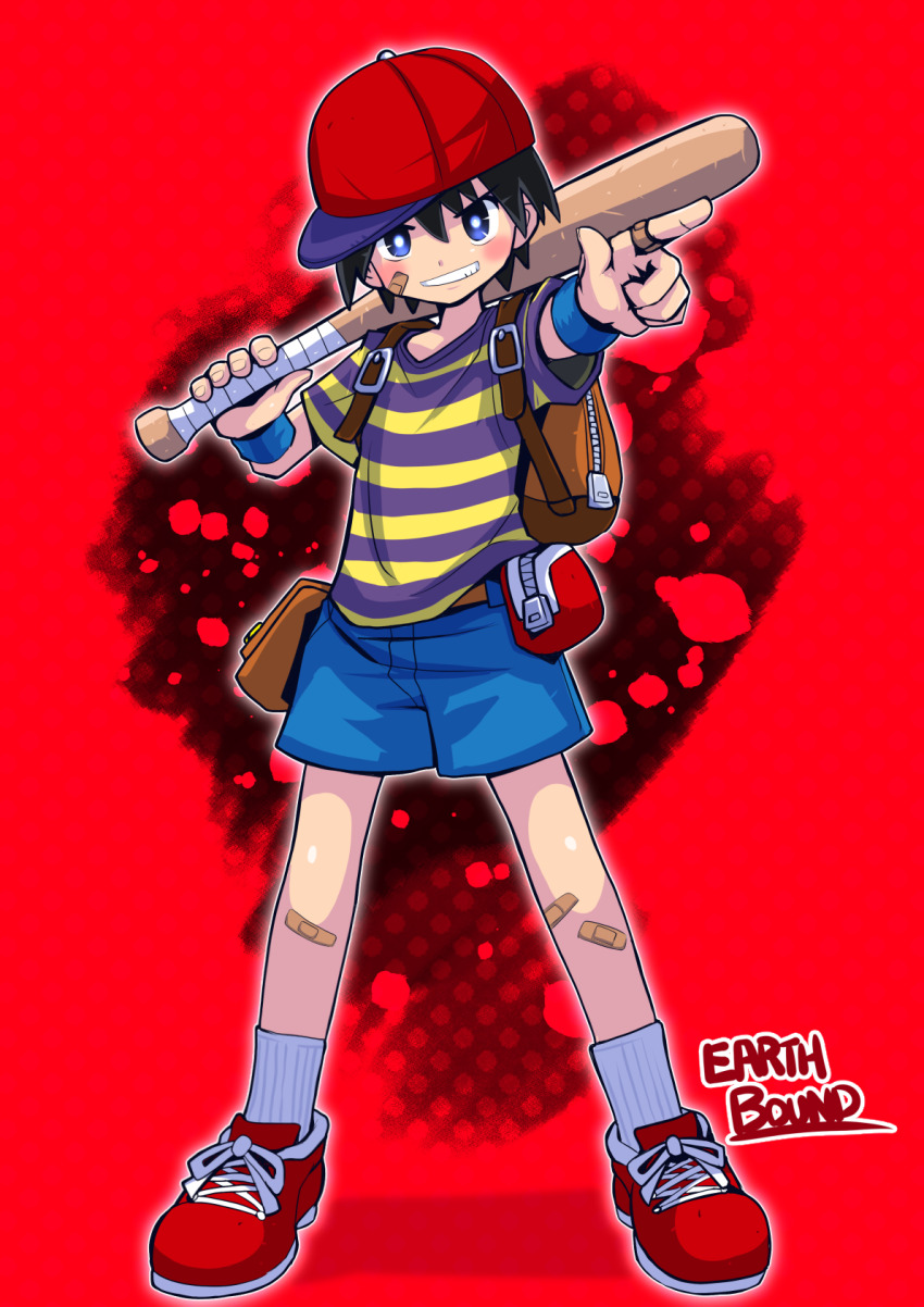1boy backpack bag bandaid bandaid_on_face bandaid_on_hand bandaid_on_knee bandaid_on_leg baseball_bat baseball_cap belt black_hair blue_eyes blue_shorts blush bright_pupils brown_bag brown_belt copyright_name fanny_pack foreshortening full_body grin hat highres holding holding_baseball_bat holding_weapon male_focus mother_(series) mother_2 ness_(mother_2) nintendo over_shoulder red_background red_bag red_footwear red_hat sakurajyousui_nami shirt short_hair shorts smile socks solo striped_clothes striped_shirt weapon weapon_over_shoulder white_pupils white_socks