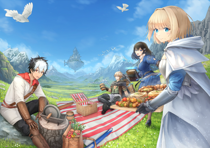 2boys 2girls absurdres bag black_cape black_footwear black_gloves black_hair blonde_hair blue_dress blue_eyes book boots breasts brown_dust_(series) brown_dust_2 brown_eyes brown_footwear brown_gloves cape chest_armor cloak closed_mouth cup cutlery dress eating floating_castle from_side gloves gray_(brown_dust) green_shirt hair_ornament hairclip high_heels highres holding holding_book holding_cup holding_tray hood hooded_cloak hydrokinesis juliet_sleeves justia_(brown_dust) justia_(white_reaper)_(brown_dust) knee_boots large_breasts lathel_(brown_dust) long_sleeves looking_at_viewer maousoshi mortar_(bowl) mountainous_horizon multicolored_hair multiple_boys multiple_girls on_grass open_mouth partially_unbuttoned pectorals pestle picnic picnic_basket picnic_blanket puffy_sleeves red_eyes sandwiched scheherazade_(brown_dust) scheherazade_(the_lapis_witch)_(brown_dust) shirt sitting skewer smile sword thigh_boots tray tree_stump two-tone_hair vambraces walking water weapon white_cloak white_hair white_shirt wooden_cup wooden_tray