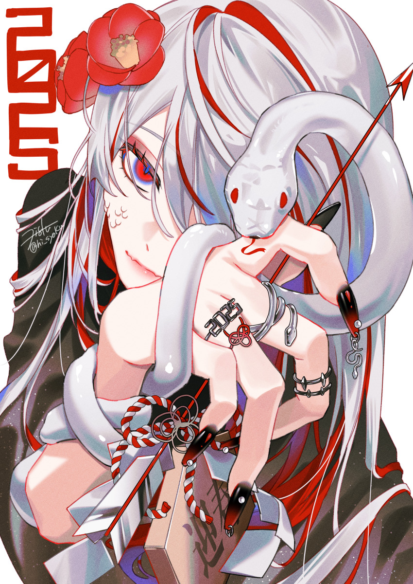 1girl 2025 absurdres arrow_(projectile) blue_hair commentary english_commentary fangs fins flower hair_flower hair_ornament hair_over_one_eye hamaya highres jewelry long_hair looking_at_viewer multicolored_hair multiple_rings nail_art nail_polish original red_eyes red_flower red_hair red_lips ring simple_background snake snake_ring snake_wrapped_around_arm solo upper_body w@i white_background white_hair white_snake