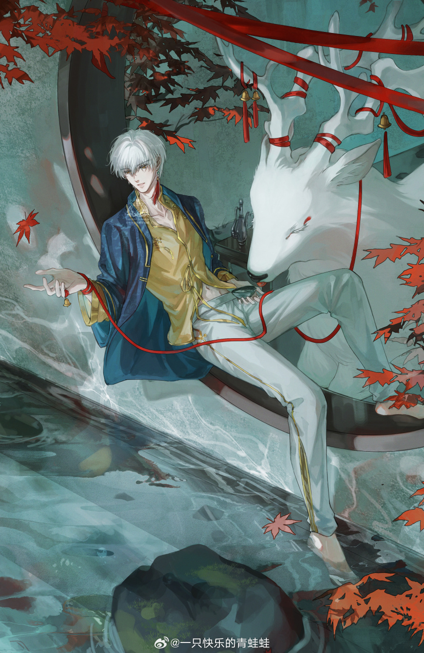 1boy absurdres aqua_pants autumn_leaves barefoot bell blue_jacket bottle caustics chinese_clothes choko_(cup) cup earrings falling_leaves full_body hair_between_eyes highres holding holding_cup jacket jewelry knee_up kuailewa leaf light_and_night_love long_sleeves looking_at_object looking_to_the_side male_focus maple_leaf midriff_peek navel open_clothes open_collar open_hand open_jacket pants parted_lips qi_sili qilin_(mythology) reaching reclining red_ribbon ribbon rock round_window shirt short_hair single_earring sitting sitting_in_window soaking_feet solo table tassel tassel_earrings tree water watermark weibo_watermark white_hair window wrist_ribbon yellow_eyes yellow_shirt