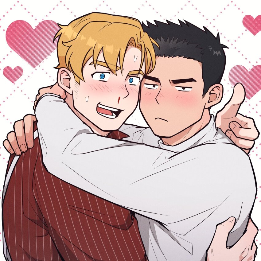 2boys :&lt; ao_isami arms_around_neck blonde_hair blood blue_eyes brown_hair closed_mouth commentary commentary_request curtained_hair english_commentary heart highres lewis_smith long_sleeves looking_ahead looking_at_viewer male_focus mixed-language_commentary multiple_boys nosebleed open_mouth pinstripe_pattern pinstripe_shirt red_shirt shirt short_hair sideburns suspenders teeth thumbs_up tongue upper_body wasted_m9 white_shirt yaoi yuuki_bakuhatsu_bang_bravern