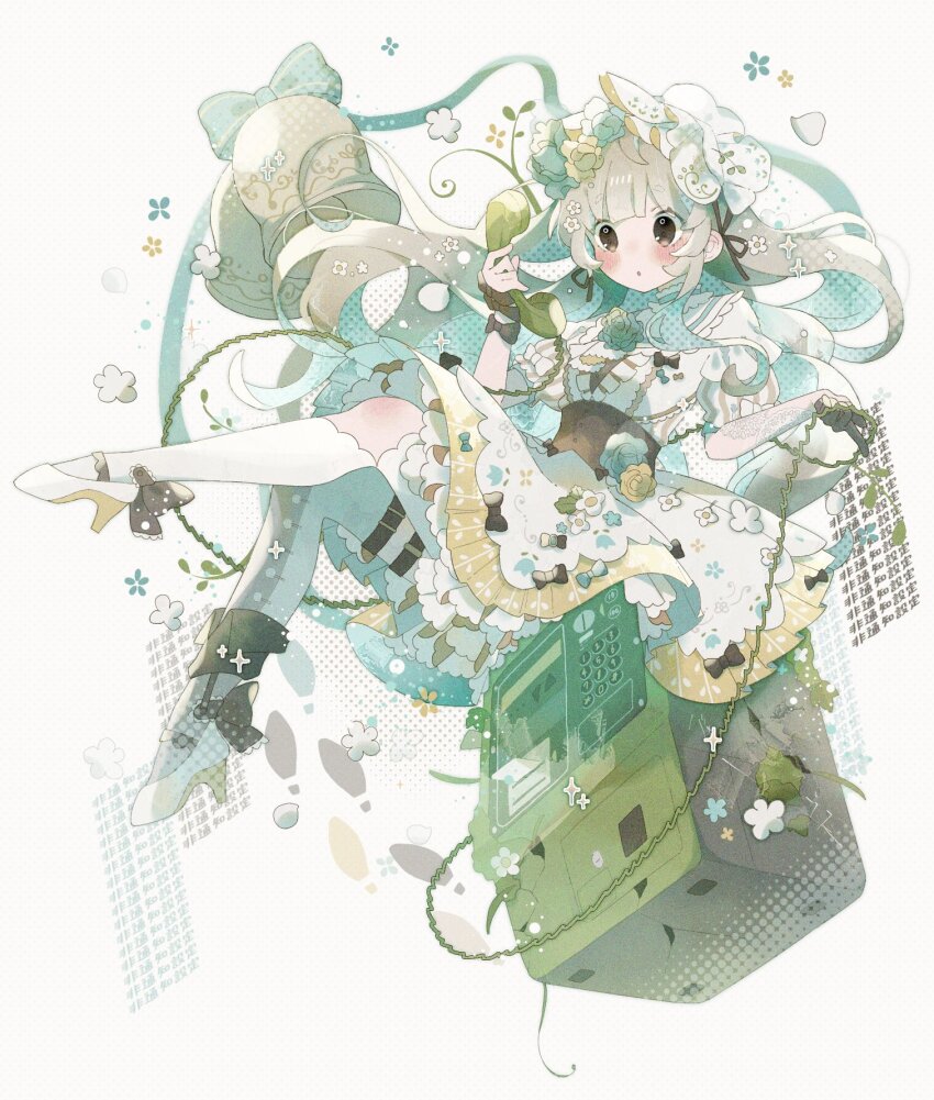 1girl :o ankle_ribbon bell blonde_hair blue_hair blunt_bangs blush breasts brown_corset brown_eyes brown_ribbon choker collar corded_phone corset dotted_background dress film_grain flower flower_on_chest frilled_choker frilled_collar frills glitch gloves hair_flower hair_ornament hair_ribbon half_gloves halftone high_heels highres holding holding_phone layered_dress leaf leg_ribbon leg_up long_hair looking_at_object medium_breasts miniko_0325 multicolored_hair open_mouth original payphone petals petticoat phone pleated_skirt puffy_short_sleeves puffy_sleeves ribbon shoe_print short_sleeves sidelocks single_half_glove sitting skirt solo sparkle thigh_strap thighhighs translation_request two-tone_hair very_long_hair white_dress white_headwear white_thighhighs wrist_ribbon