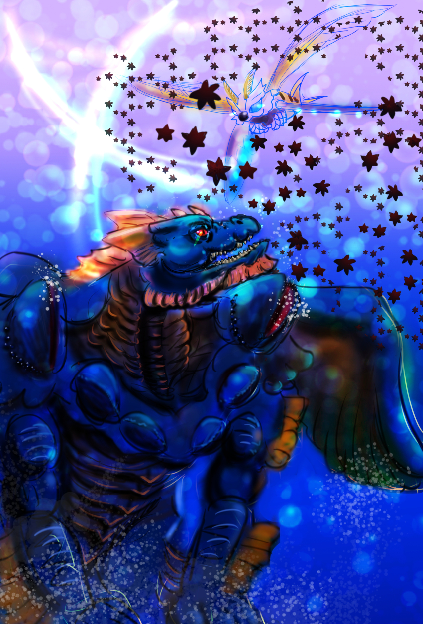 absurdres aqua_mothra barem blue_eyes bubble bug dagahra dragon giant giant_monster godzilla_(series) grassland_fish highres insect kaiju monster moth mothra mothra_(series) mothra_leo ocean rebirth_of_mothra_ii red_eyes starfish toho