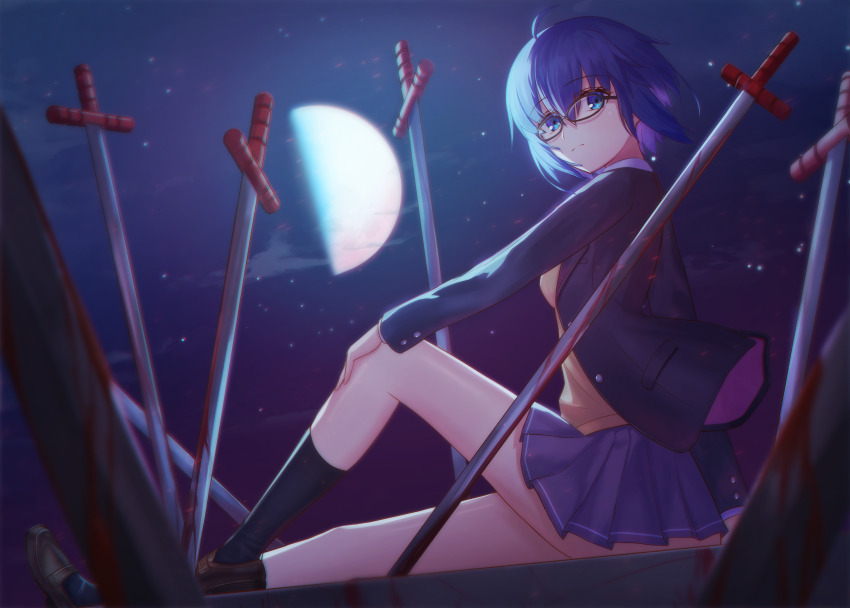 1girl ahoge black-framed_eyewear black_jacket black_keys_(type-moon) black_socks blood bloody_weapon blue_eyes blue_hair brown_shoes cardigan ciel_(tsukihime) closed_mouth commentary_request floating_hair flowingcrescent glasses grey_skirt hair_between_eyes highres jacket long_sleeves looking_at_viewer miniskirt moon planted planted_sword planted_weapon pleated_skirt school_uniform shoes short_hair sitting skirt socks solo sword tsukihime tsukihime_(remake) weapon yellow_cardigan