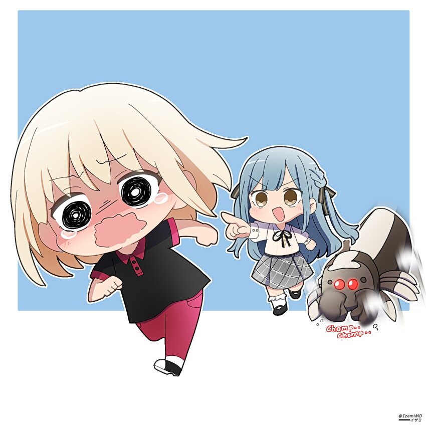 2girls bang_dream! bang_dream!_it&#039;s_mygo!!!!! black_ribbon black_shirt black_shoes blonde_hair blue_hair bug chasing commentary english_commentary giant_insect grey_skirt hair_ribbon highres izami_md long_hair medium_hair misumi_uika multiple_girls neck_ribbon open_mouth pants plaid_clothes plaid_skirt pleated_skirt red_pants ribbon running shirt shoes short_sleeves sidelocks skirt socks spoilers tearing_up togawa_sakiko two_side_up white_shirt white_socks yellow_eyes
