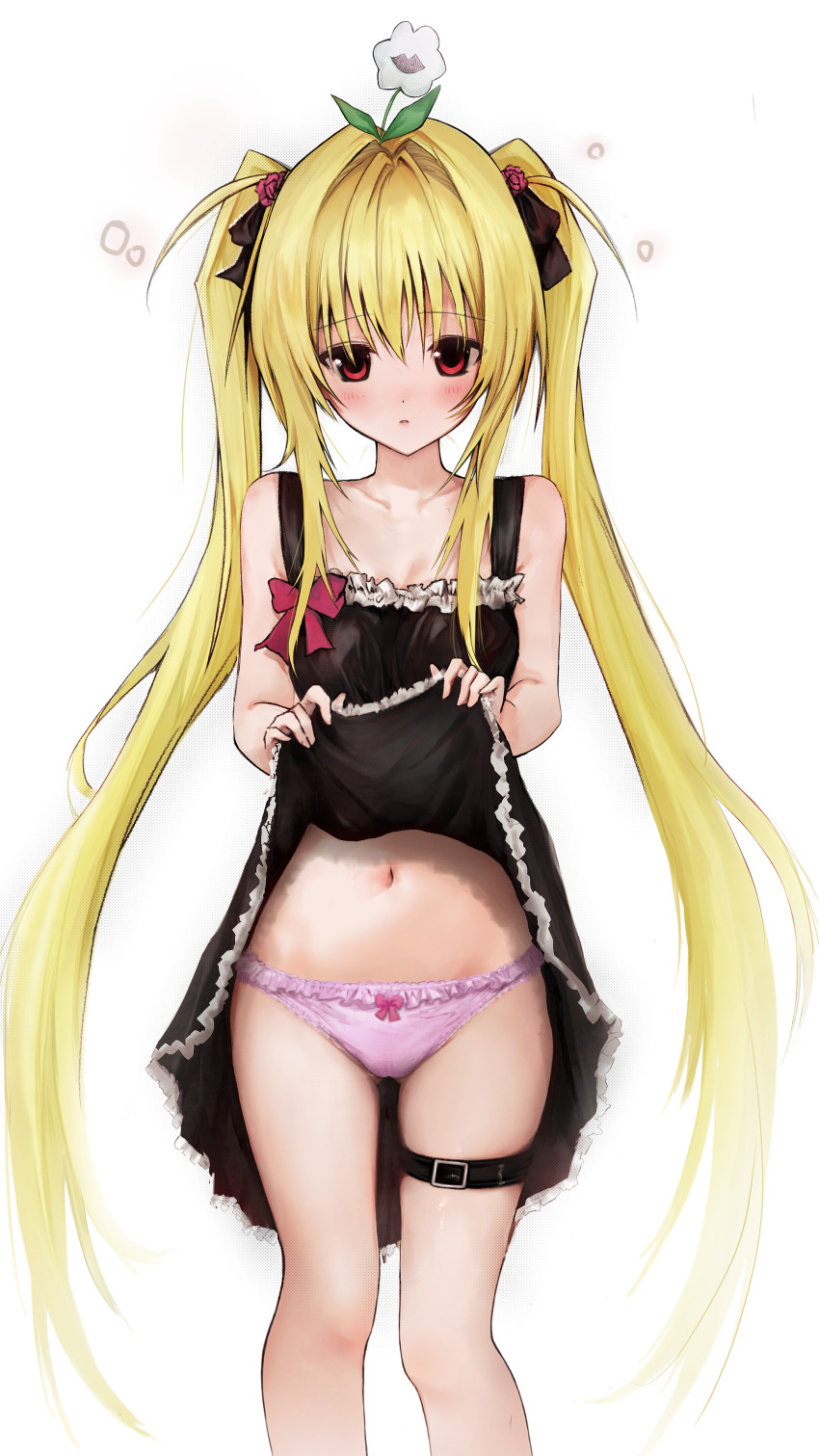 1girl absurdres black_dress black_ribbon blonde_hair blush bow bow_panties breasts cleavage collarbone commentary_request dizzy dress eee_mii flower flower_on_head frilled_dress frilled_panties frills hair_intakes hair_ribbon highres konjiki_no_yami lifting_own_clothes long_hair looking_at_viewer navel panties parted_lips pink_panties red_eyes ribbon simple_background sleeveless sleeveless_dress solo standing thigh_strap to_love-ru twintails two_side_up underwear very_long_hair white_background white_flower